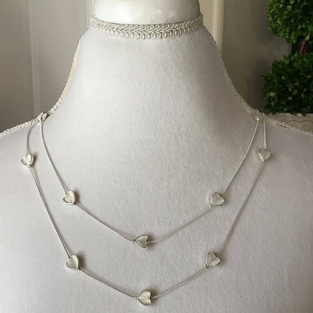 Valentine Hearts Necklace Cascade 2-Strand White Pearl Look Love Romantic NEW - Picture 4 of 11